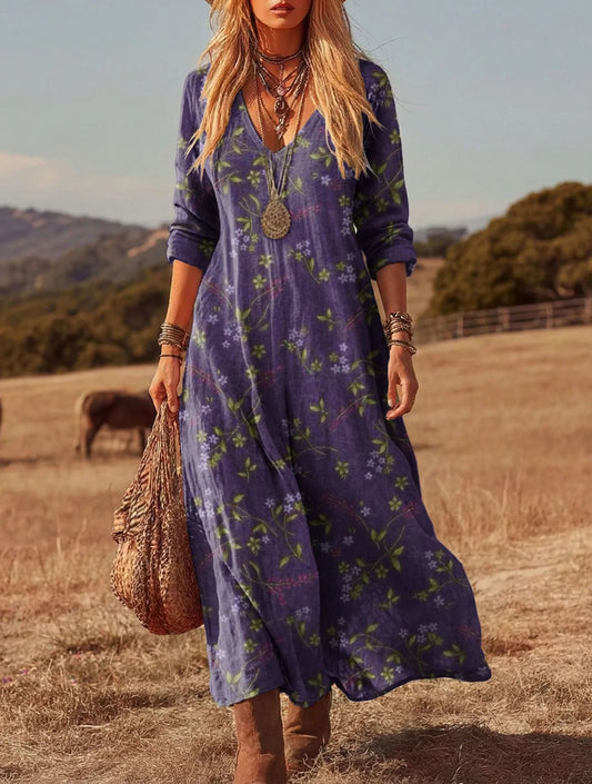 Women's 3D Print V-Neck Long Sleeve A-Line Dress