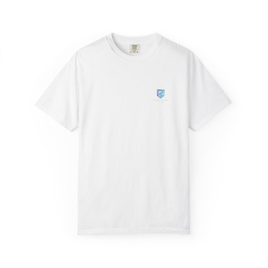White t-shirt with a small blue logo on a white background