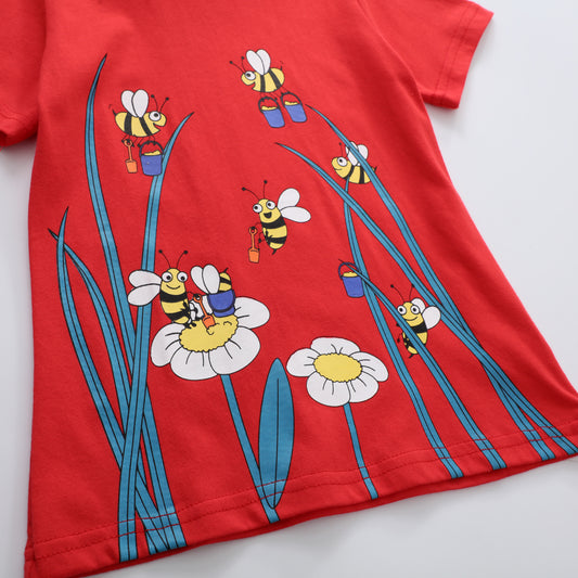 Girls Cartoon Embroidered Short Sleeve T-Shirt – Red