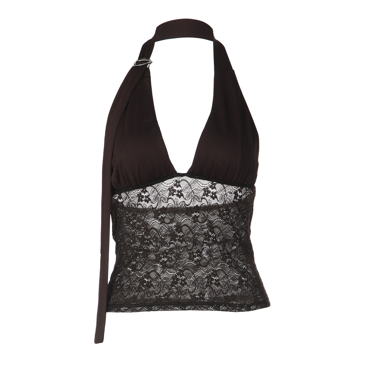 Women's Lace-Spliced Deep V-Neck Halter Top | A-Line Crop Cami