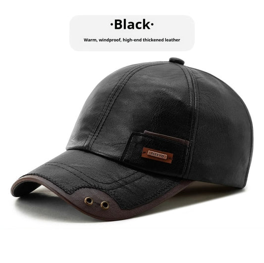 Faux Leather Fleece-Lined Baseball Cap - Warm Winter Cap