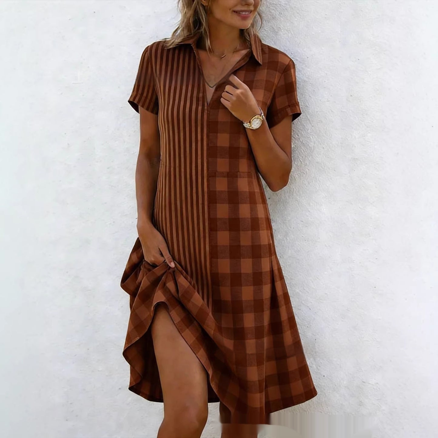Women's 3D Print V-Neck Short Sleeve Pleated Maxi Dress