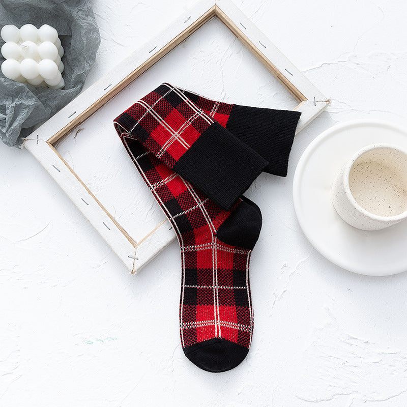 Women's Cotton Plaid Check Knee-High Socks – Korean Style Calf Socks