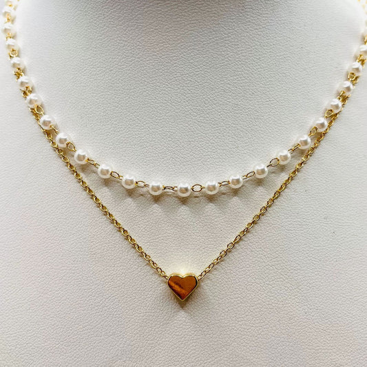 Pearl Heart Double-Layer Necklace | Light Luxury Alloy Pendant Necklace