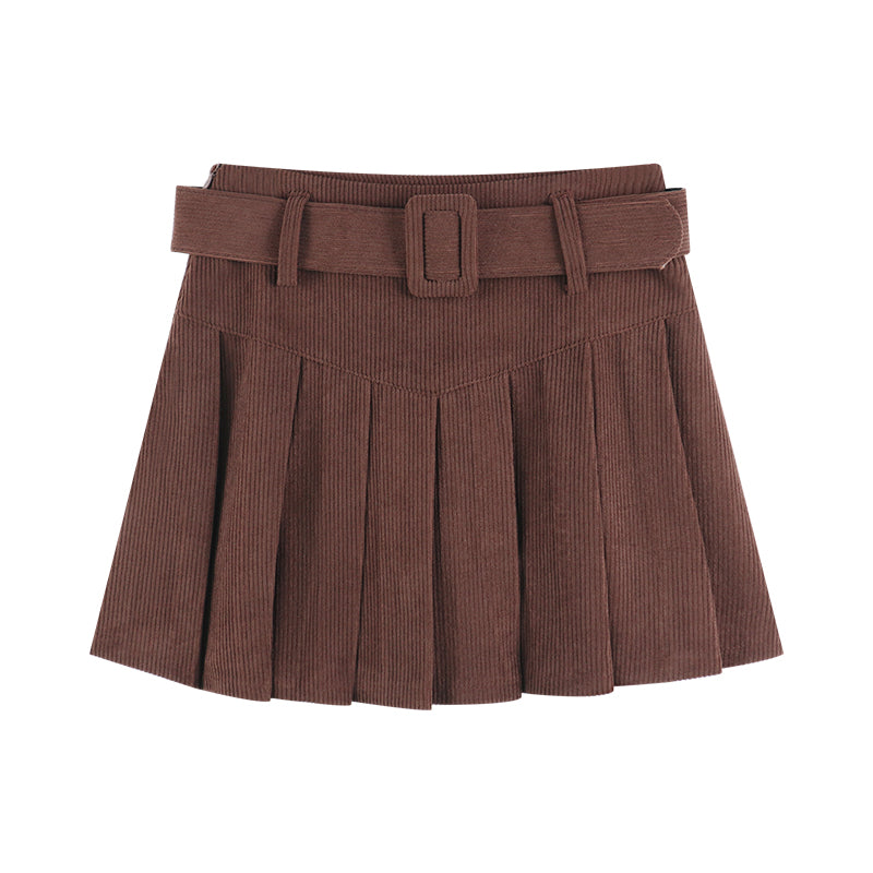 Women's Corduroy A-Line Mini Skirt - Pleated Spliced Autumn Skirt