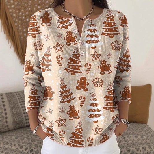 Women's Digital Print Hooded Long-Sleeve Shirt | Wide-Button Brushed Top