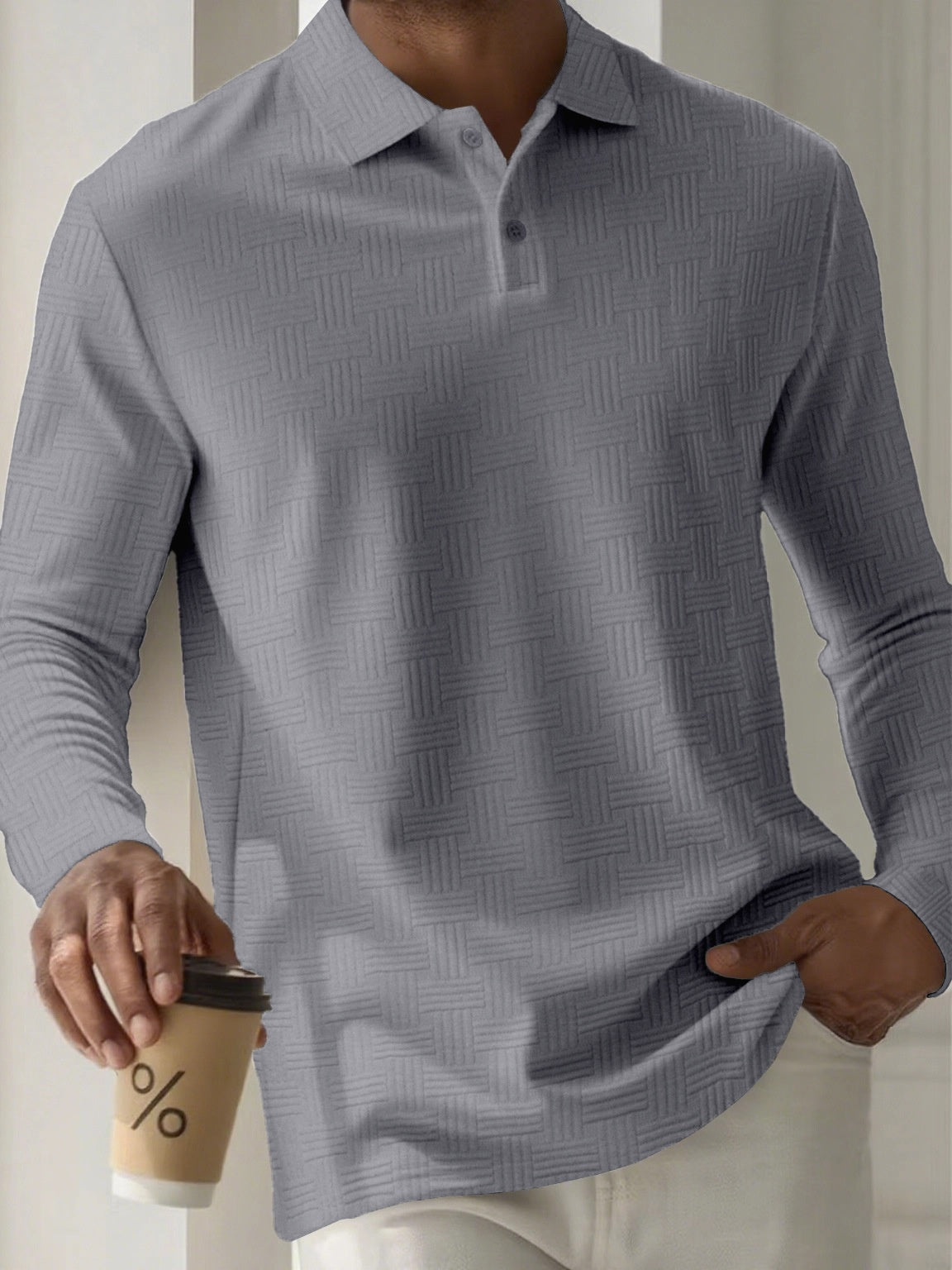 Men's Jacquard Polo Shirt – Slim Fit Short Sleeve | Apricot & Grey | Sizes S–2XL