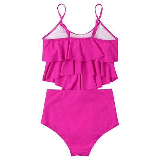 Women's Ruffled Bikini Set – Polyester, Rose Red, Green & Black