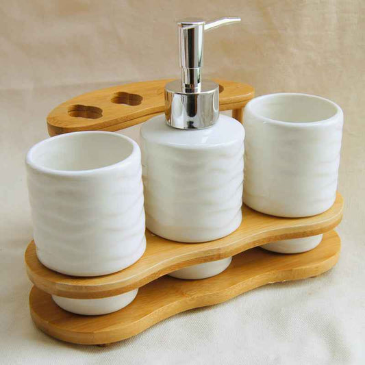 Wooden Frame Bathroom Accessories Set – 5-Piece Bath Organiser