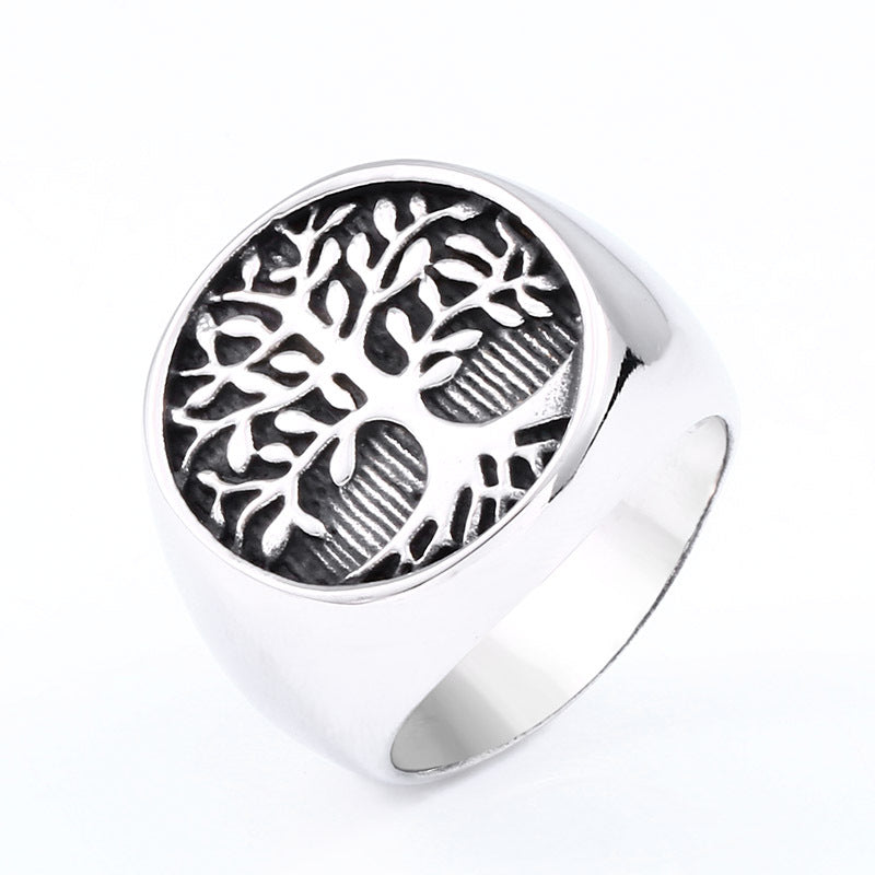 Men's Stainless Steel Tree of Life Ring – Retro Leaf Nature Band