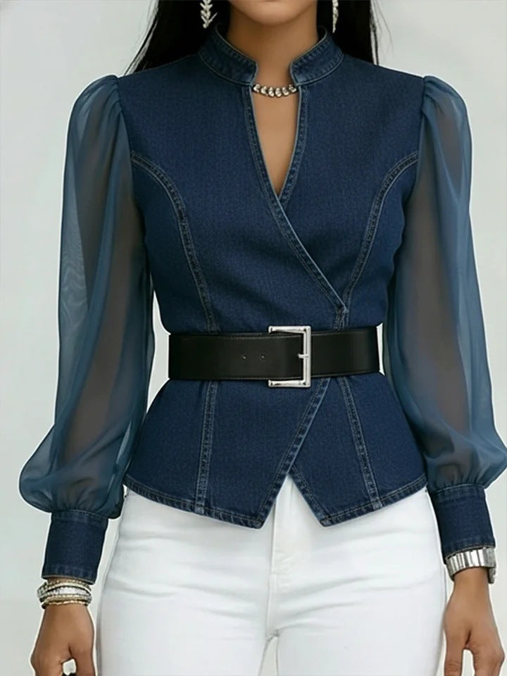 Women's Denim-Print Knitted Long-Sleeve Pullover Top