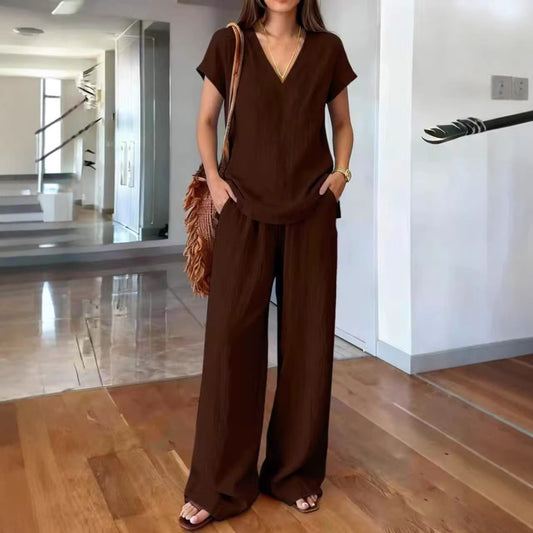 Women's V-Neck Short Sleeve Top and Wide-Leg Pants Co-ord Set