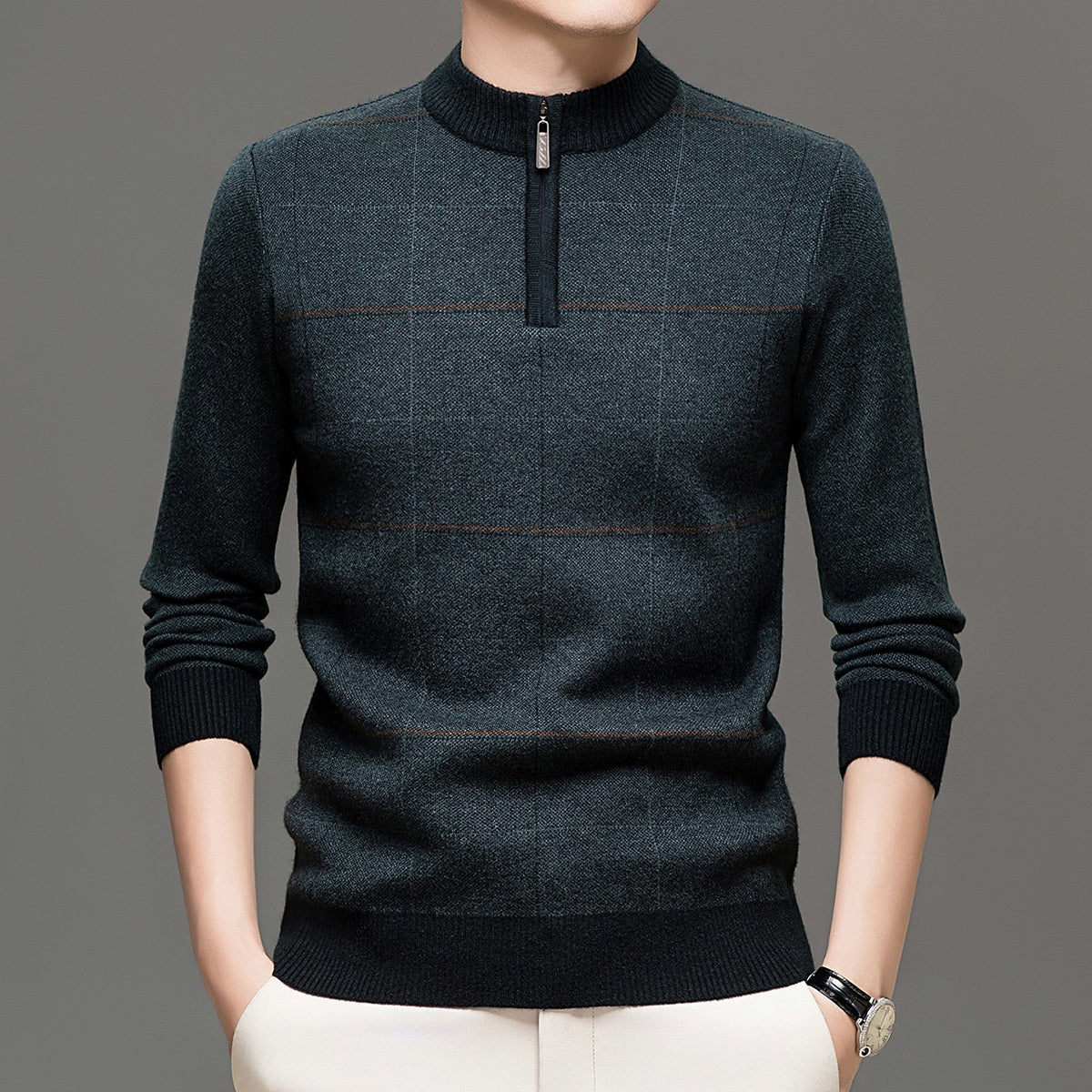 Men's Plaid Half-Zip Knit Sweater | Thick Stretch Fit | JParker