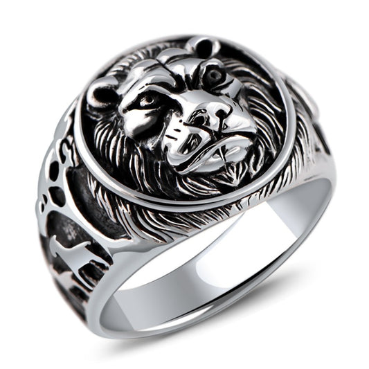 Men's Thai Silver Lion Head Ring – Domineering Beast Statement Band