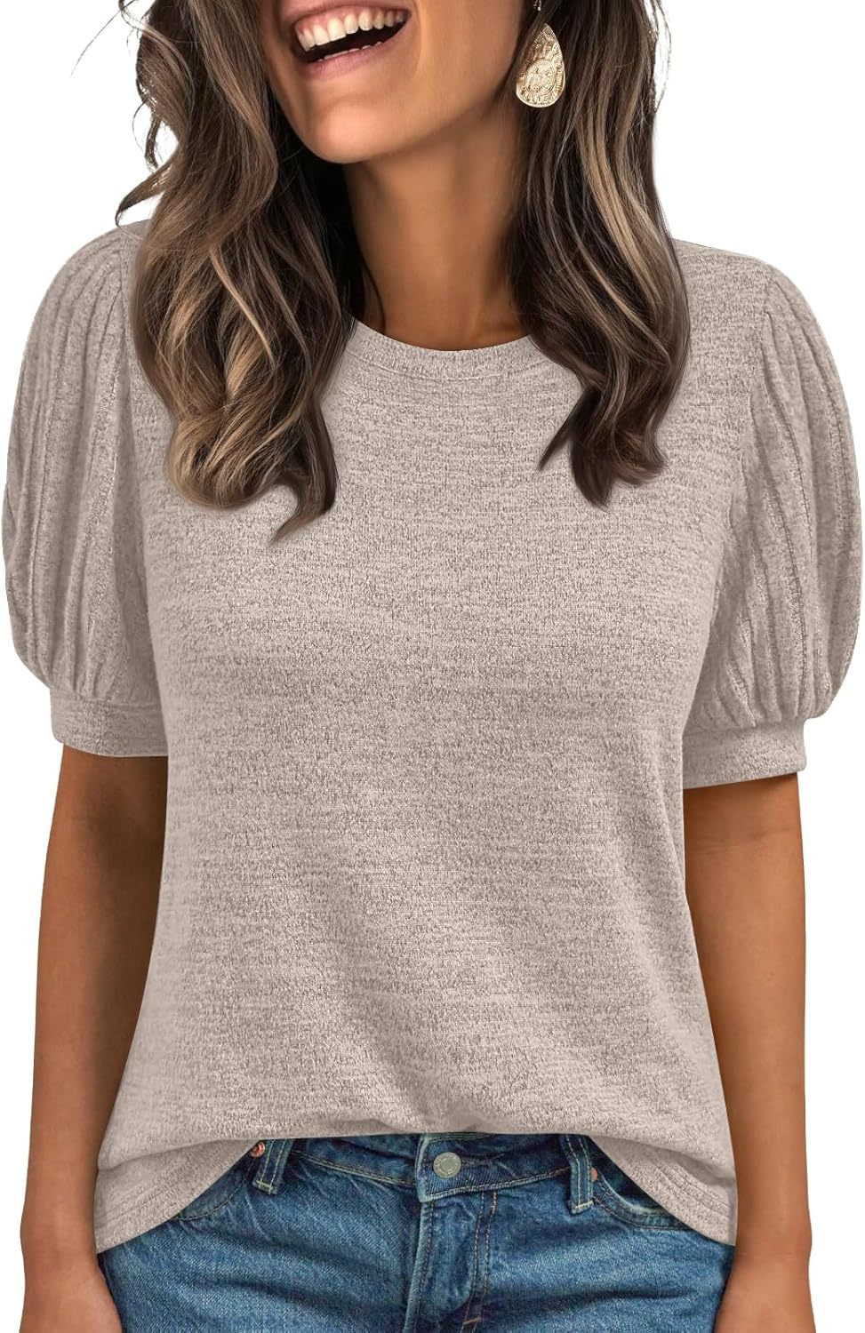 Women's Crew-Neck Elastic-Cuff Short-Sleeve Top