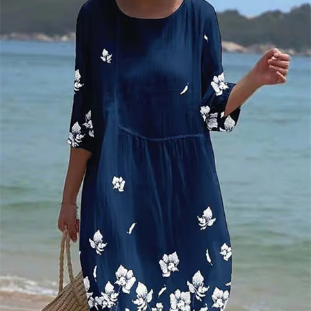 Women's Casual Round Neck Mid Sleeve Printed Dress | Blue