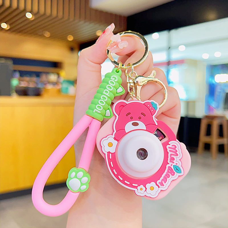Bear Sweet Projection Camera Keychain | Light-Up Luminous Charm | White & Rose Red