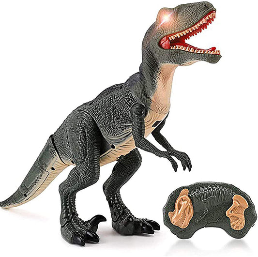 RC Walking Velociraptor Dinosaur Toy - Roaring Sounds Light-Up Eyes Infrared Remote Age 3+