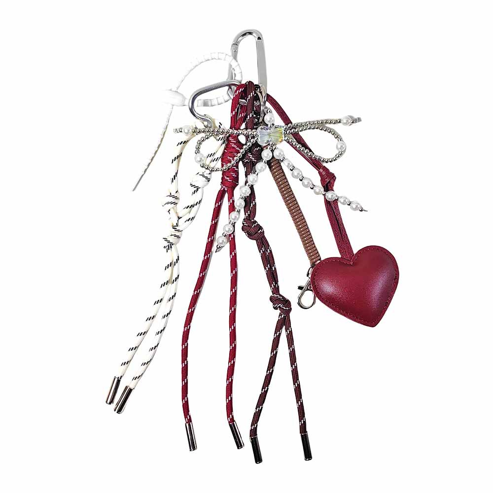 Leather Heart & Pearl Bow Keychain | Wine Red