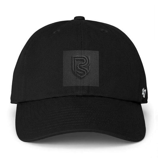 Black cap with a logo on a white background