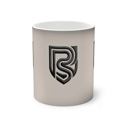White mug with a black logo on a white background