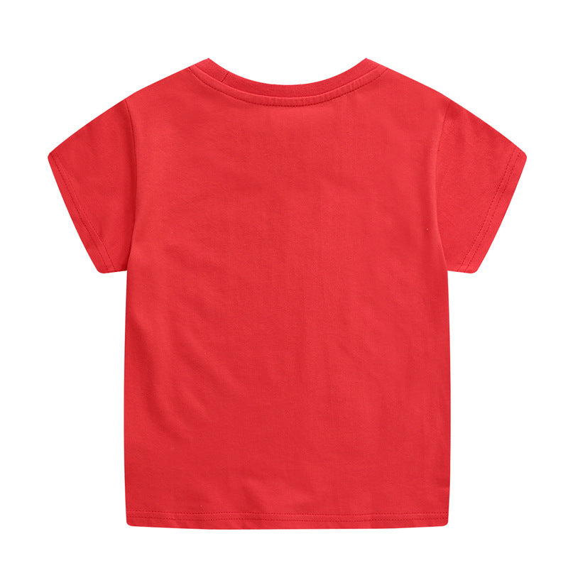 Girls Cartoon Embroidered Short Sleeve T-Shirt – Red