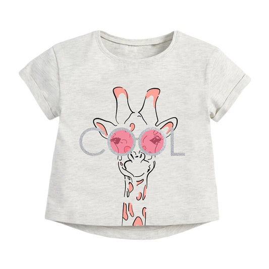 Girls Animal Print Cotton T-Shirt – Round Neck Short Sleeve Top