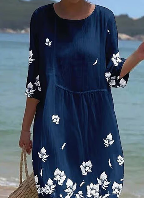 Women's Casual Round Neck Mid Sleeve Printed Dress | Blue