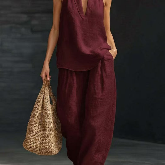 Women's Sleeveless Vest & Wide-Leg Trousers Two-Piece Set