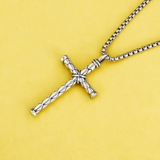 Men's Titanium Steel Cross Sword Pendant Necklace – 60cm Square Pearl Chain