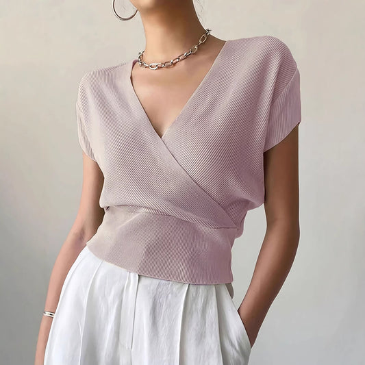 Women's V-Neck Knitted Top | Short-Sleeve High-Waisted Loose Fit Viscose Tee