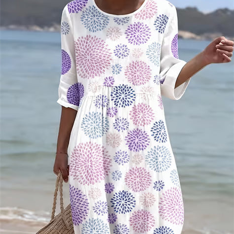 Women's Casual Round Neck Mid Sleeve Printed Dress | Purple
