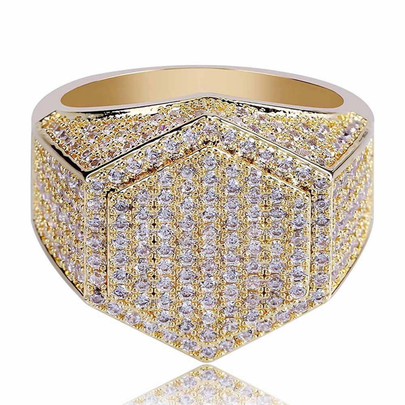 Men's Hip Hop Micro Pavé CZ Square Ring – Gold & Silver Iced Out Band