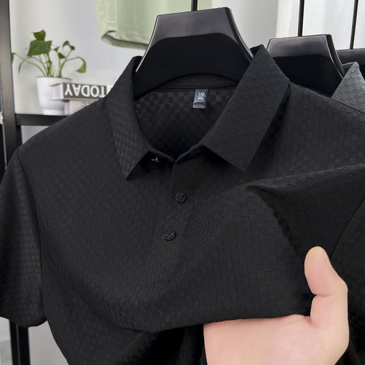 Men's Jacquard Plaid Ice Silk T-Shirt | Lapel Collar | M–4XL