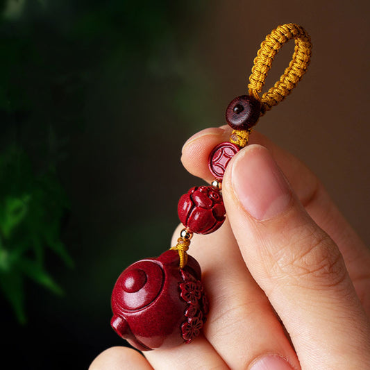Cinnabar Plum Blossom Pot Keychain | Traditional Design