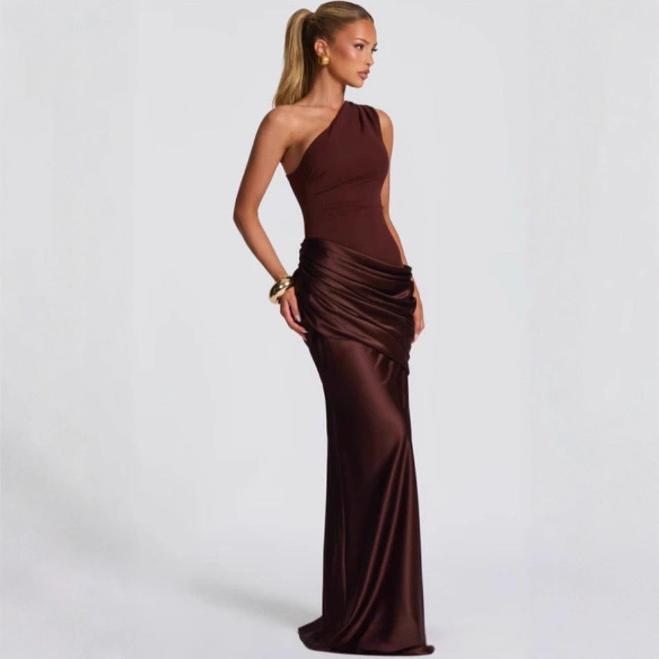 Women's One-Shoulder High Waist Maxi Dress | Brown & Sky Blue