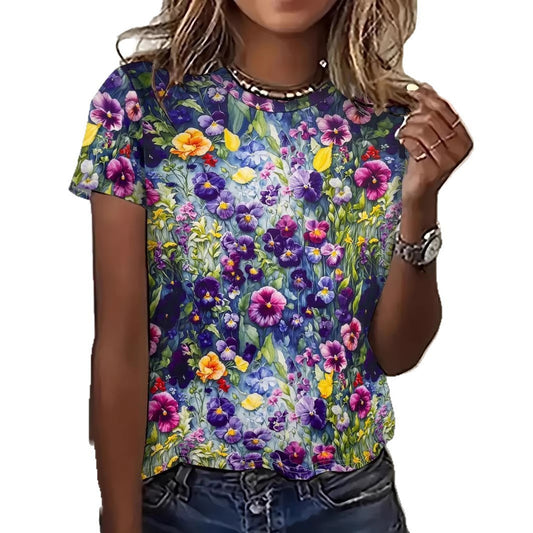 Women's Printed Short-Sleeve T-Shirt | Casual Straight-Fit Milk Silk Polyester Tee