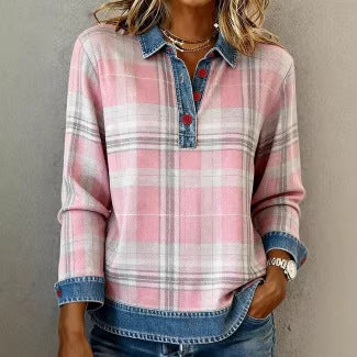 Women's Retro 3D Print Stand-Up Collar Long-Sleeve Knit Top | Geometric Patchwork Pullover
