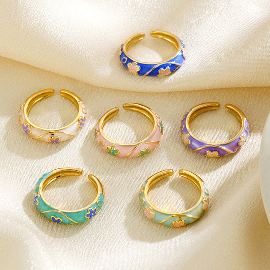 Vintage Floral Diamond-Encrusted Adjustable Ring | Copper Open Ring in 6 Styles