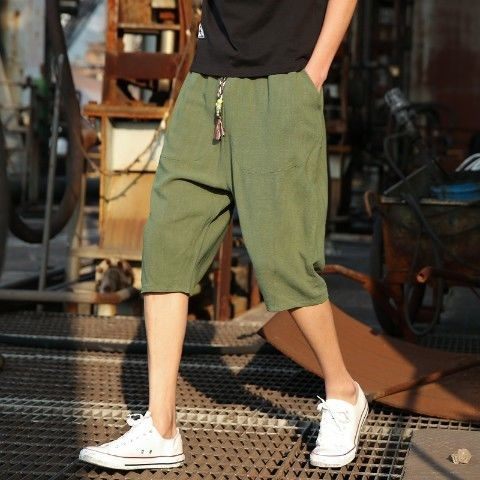 Men's Viscose Linen Cropped Trousers | Loose Fit Casual M-5XL