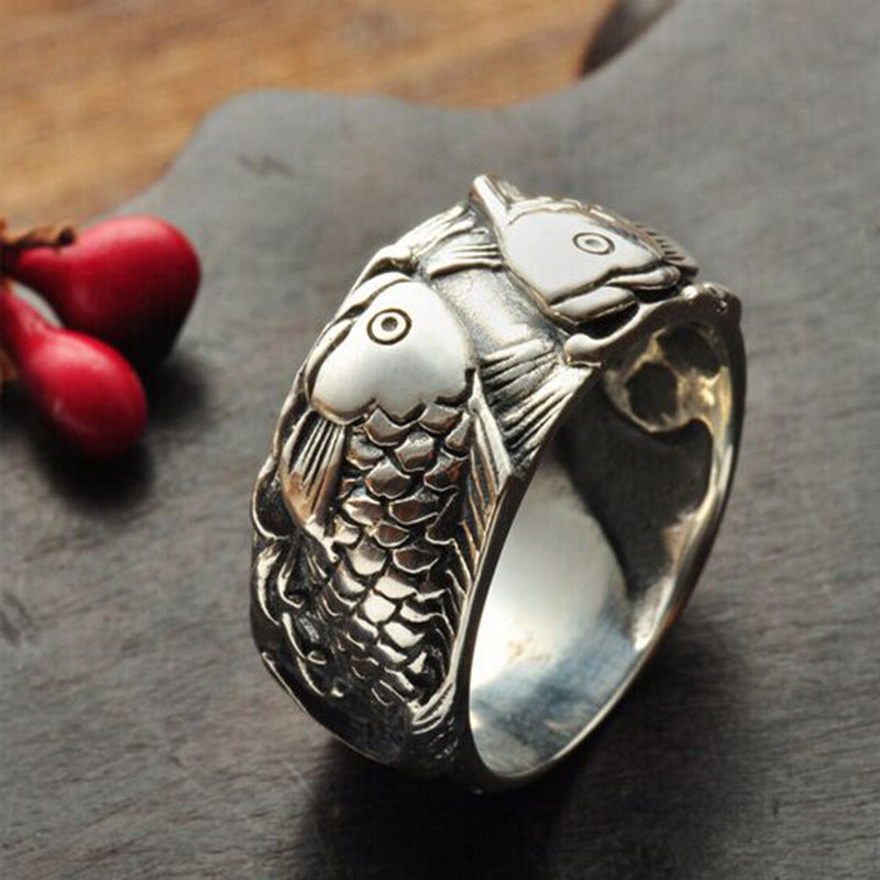 Men's Copper Pisces Carp Ring – Adjustable Index Finger Zodiac Band