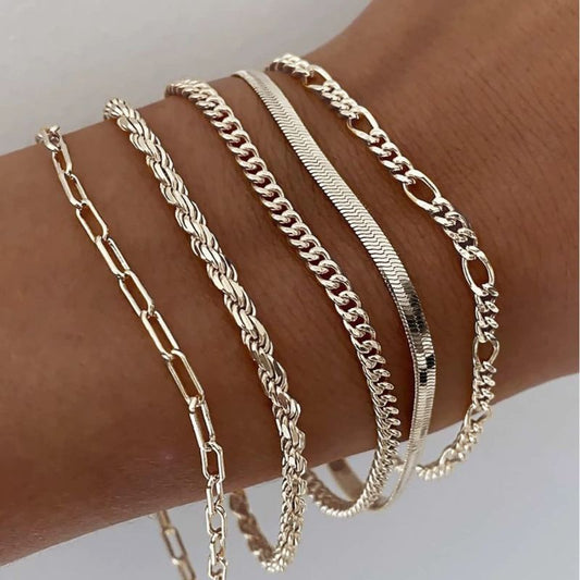14K Silver Plated Stackable Bracelet Set | 5 Dainty Bracelets for Women