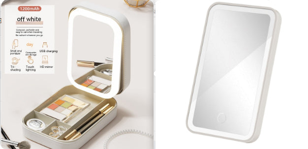 LED Makeup Mirror with Storage Box — Touch Dimmer, Adjustable Stand & Lipstick Organiser