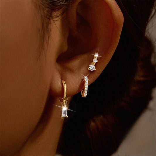 Square Zircon Stud Earring Set | 3-Piece Minimalist Copper Earrings