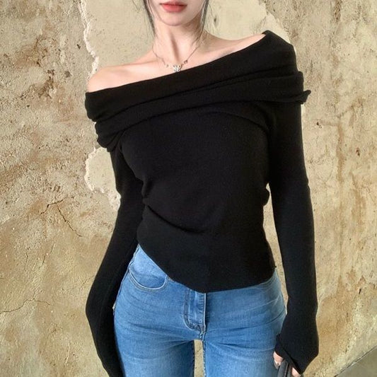 Women's Off-Shoulder Ribbed Knit Sweater Top | High-Elastic Clavicle Knitwear