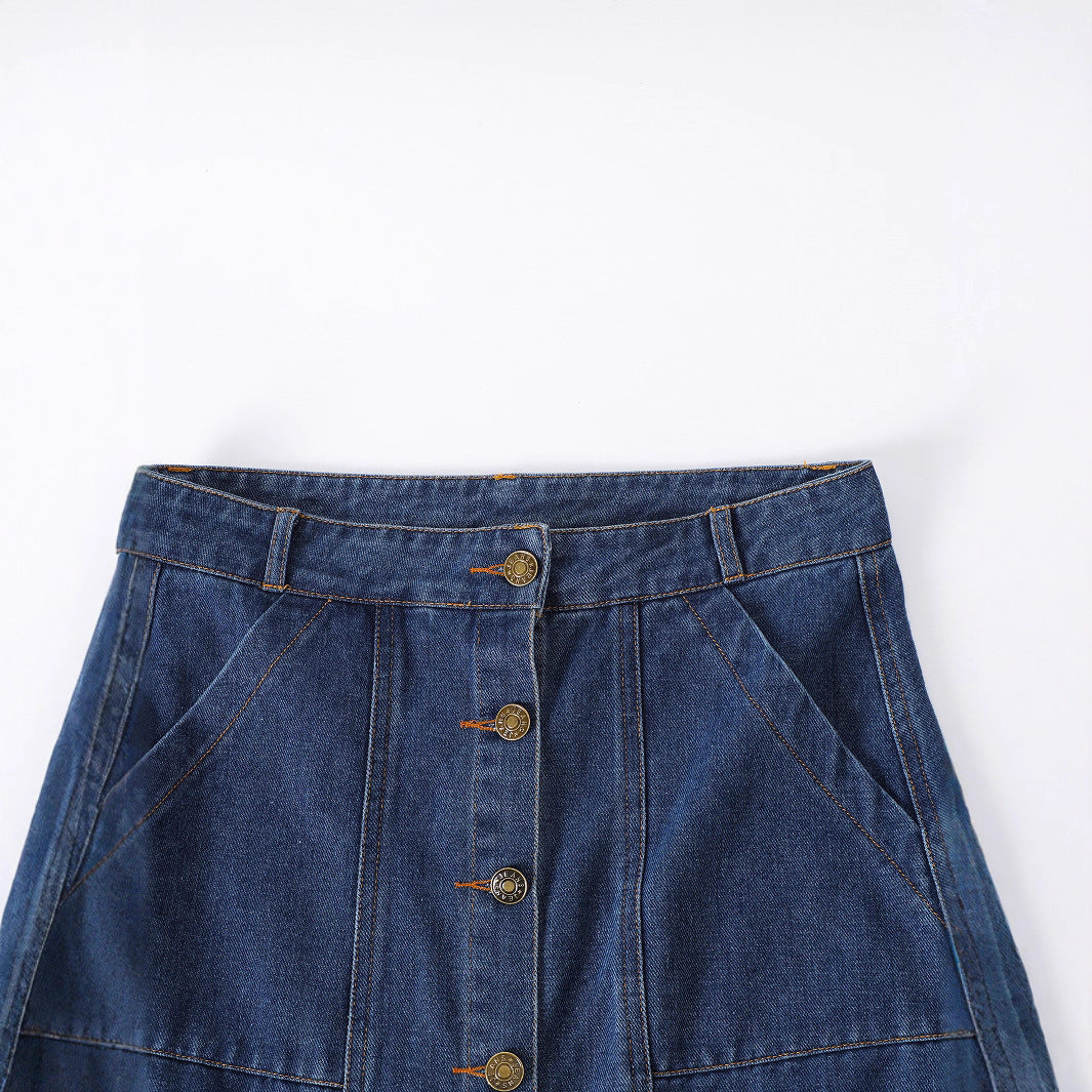 Women's Dark Blue Denim Skirt | Single-Breasted with Pockets