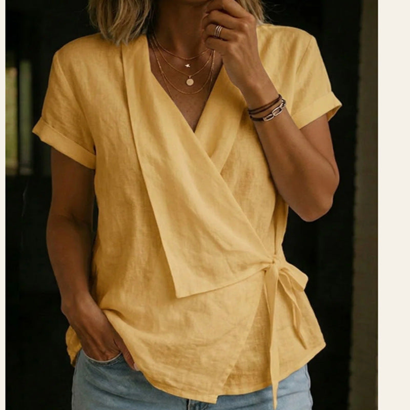 Women's Cotton-Linen Lapel Lace-Up Short-Sleeve Top