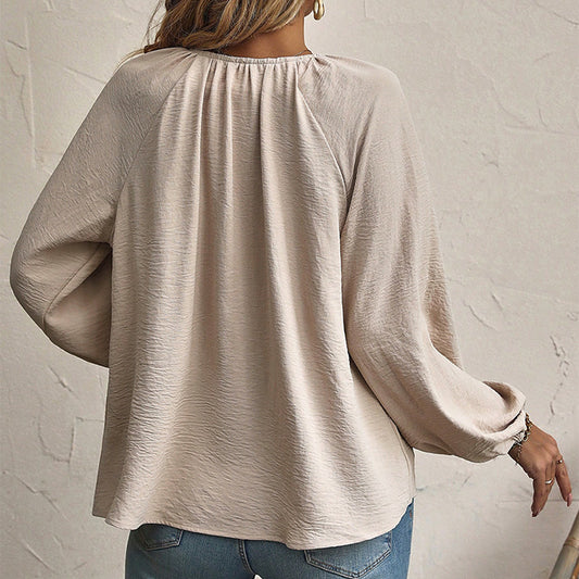 Women's Loose-Fit Long Sleeve Chiffon Blouse | Lace-Up Raglan Top