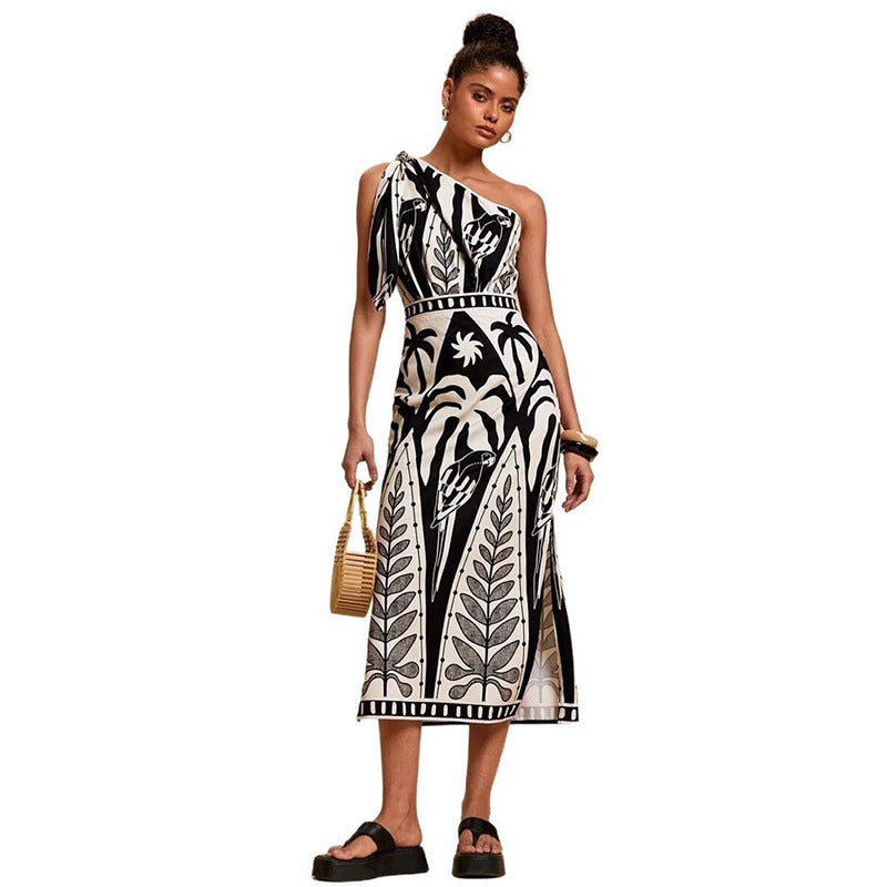 Women's Off-Shoulder Lace-Up Slip Midi Dress | Floral Print