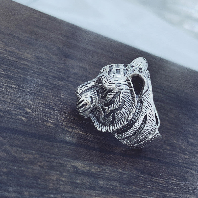 Men's Silver Zodiac Tiger Ring – Retro Aggressive Personality Adjustable Band